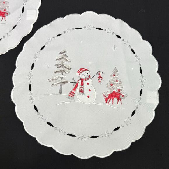 Set 2 Embroidered Christmas Doilies Snowman Deer 15” Round Snowmen Table Mats - Picture 3 of 6